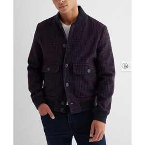 Express Mens Check Plaid Houndstooth Wool-Blend Button Pocket Bomber Jacket M
